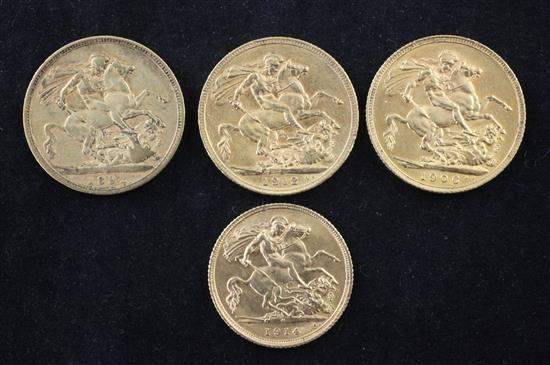 Three late 19th/early 20th century gold full sovereigns, 1892, 1906 & 1912 and a 1914 gold half sovereign.